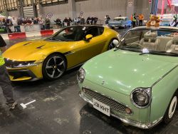 Ken's green Figaro "Fergus" parked next to a yellow Ferrari 
