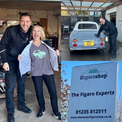 A collage of photos from Mary's visit including Mary in a Figaro T-Shirt with Marios, Christian cleaning a Figaro and the Figaro Shop sign.