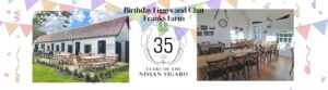 Images of the outside and inside of Franks Farm with the 35th birthday crest in the middle