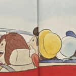 an illustration of a family in a red Figaro with a green Figaro in the mirror